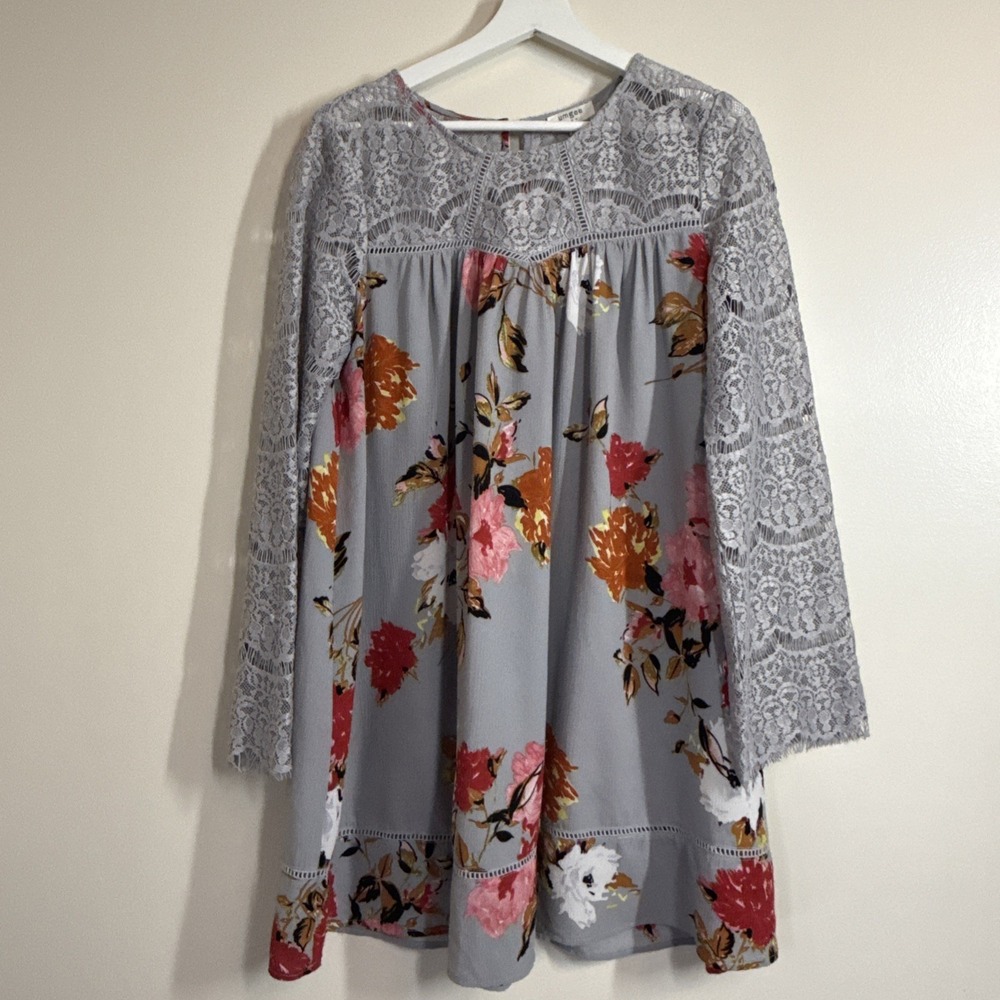 Umgee Womens Floral Print Tunic Dress Medium Gray Lace Tropical Vacation Resort